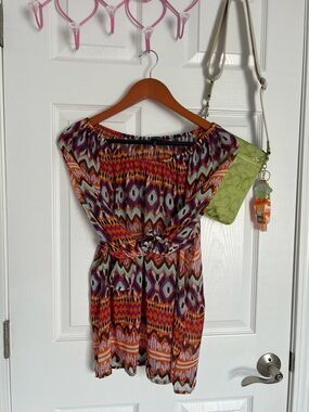 Daisy Fuentes Orange, Purple & Teal Ikat Long Sleeve Blouse